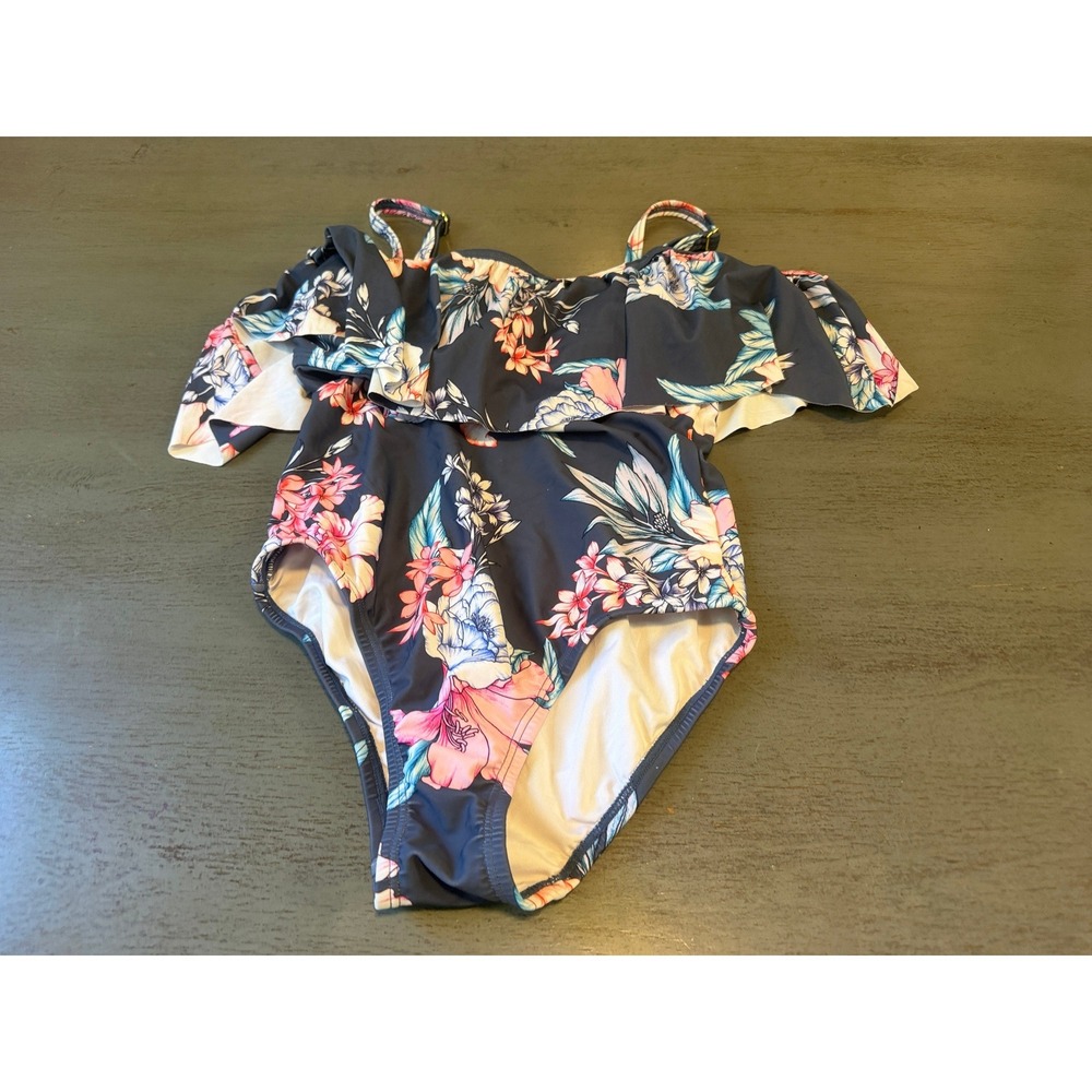 Venus Tropical Floral Ruffle Off The Shoulder One Piece Swimsuit Navy Blue 10